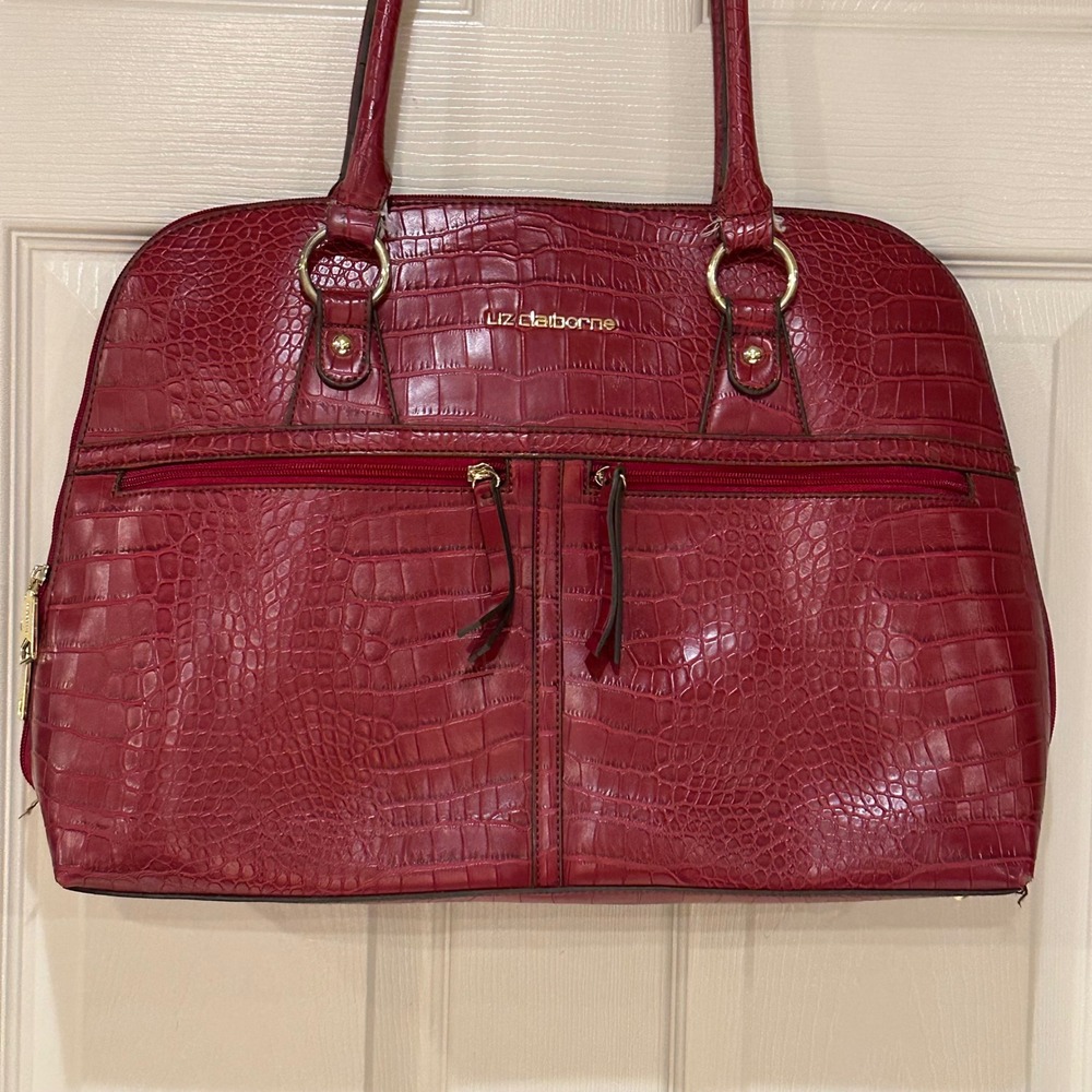 Liz Claiborne Red Croc Embossed Faux Leather Shoulder Bag Tote Organizer - Picture 2 of 12